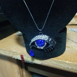 24 Inch Sapphire Crying Eye Necklace Sterling