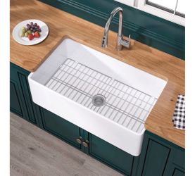 Miuara Farmhouse Sink 36 x 20 Inch White Fireclay Apron Front Kitchen Sink Fireclay reversible single bowl, Resistant to stain, crack, heat & scratch,