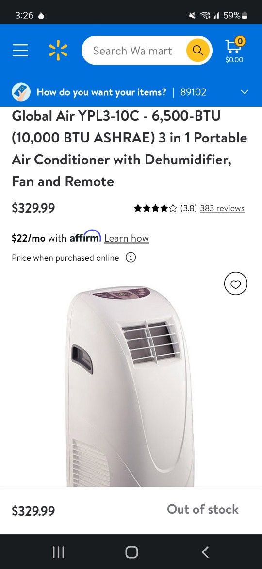 Global Air YPL3-10C - 6,500-BTU (10,000 BTU ASHRAE) 3 in 1 Portable Air Conditioner with Dehumidifier, Fan and Remote