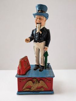 Vintage Uncle Sam Cast Iron Mechanical Bank Patriotic Eagle Coin Bank Collectible