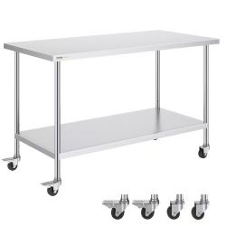 125#Stainless Steel Work Table 30 x 60 x 38 Inch, with 4 Wheels, 3 Adjustable Height Levels, Heavy Duty Food Prep Worktable for Commercial Kitchen Res