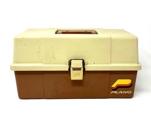 Vintage Plano 5630 Fishing Tackle Box 3 Tier Trays Brown Beige Made in USA