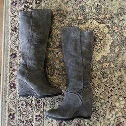 Obo classy suede grey nine west  chunky platform 3 1/2 inch heel boots Shoe womens size 6 1/2 regular 