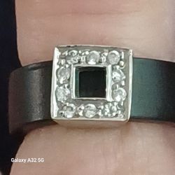 Vtg.Designer NF- sterling Silver & Cz Black Rubber Ring- Sz6- 6.25