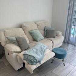 Beige Dual Power Reclining Sofa + cushions