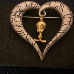 SilverTone ( Looney Tunes)Heart Brooch With Gold Dangling Tweety Bird …by TM*WB