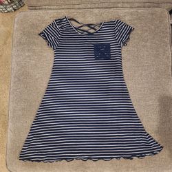 Navy & White Striped Dress with Lace Pocket – Girls