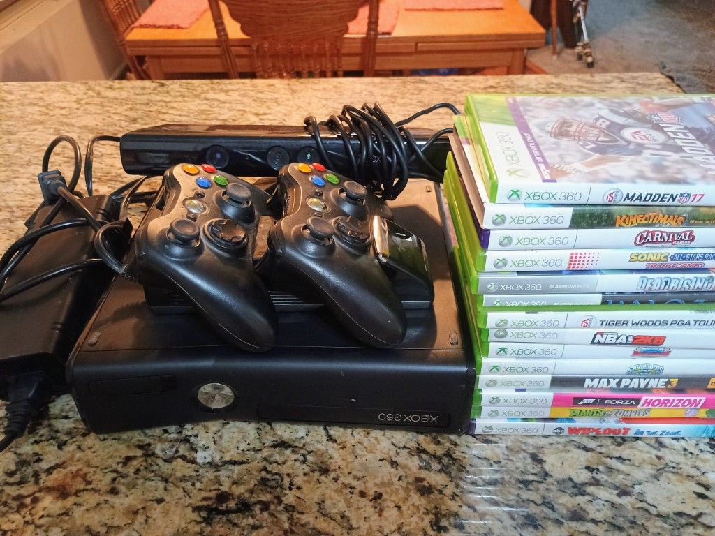 Xbox 360 With Controllers, Charger,Camera And Games