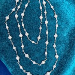Pearls With Silver Necklace, Long, Can Be Worn Single, Double, Triple