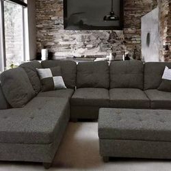  Charcoal Linen Sectional Couch And Ottoman