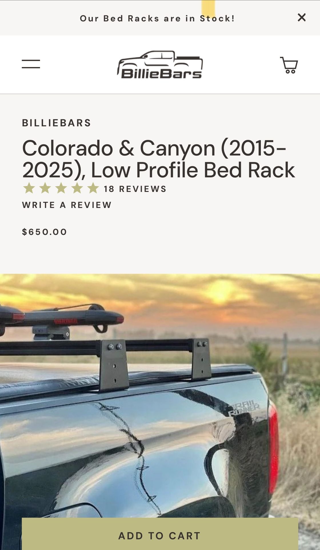 Billie Bars low profile bed rack for Canyon/Colorado