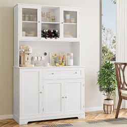 Kitchen Pantry Storage Cabinet,Modern Buffet Cabinet with Hutch,Food Pantry with Doors and Shelves for Living Room,White