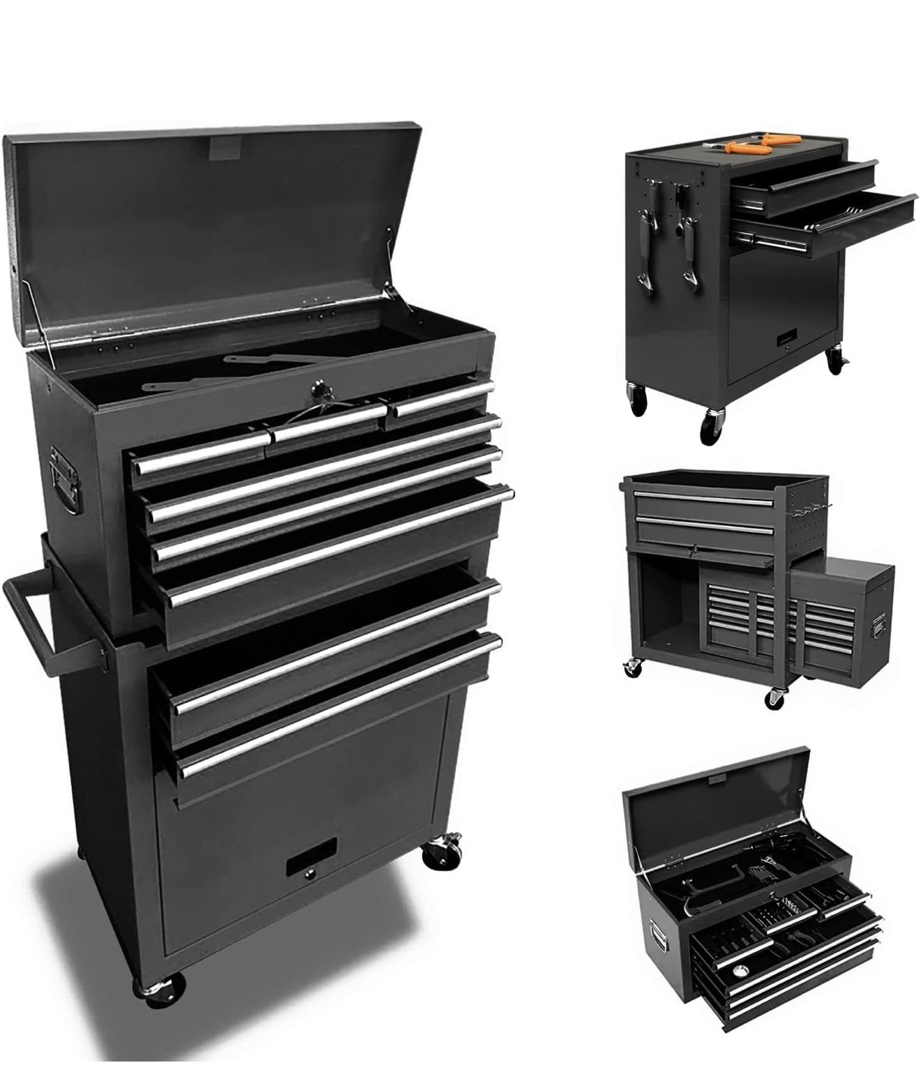 8-Drawer High Capacity Rolling Tool Chest, Removable Cabinet Storage Tool Box with Wheels and Drawers, Detachable Toolbox with Lock for Workshop Mecha