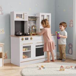Play Kitchen for Kids, Wooden Toy with Stove That Lights/Sounds When Pan Detected, Includes Disinfection Cabinet, 2 Fabric Boxes & Stainless Cookware(