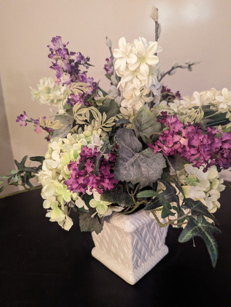 Lavender, White, And Mauve Hydrangea Silk Flower Arrangement In A Vintage Belleek Vase 