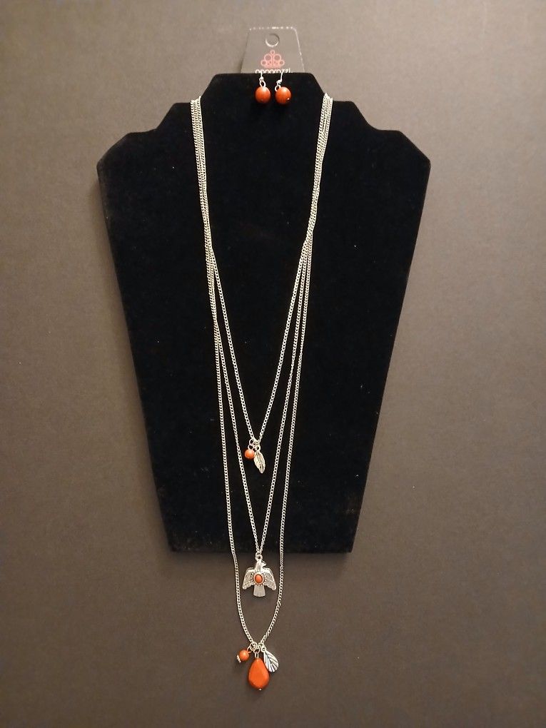 Red and Silver Eagle Multilayer Chain Necklace with Earrings