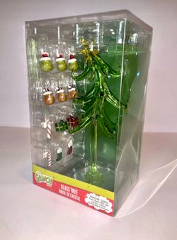 New Dr Seuss Grinch Glass Christmas Tabletop Miniature Tree and 12 Ornaments