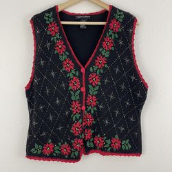 Vintage 90s Black Red Christmas Holiday Floral Embroidered V Neck Ugly Knit Vest