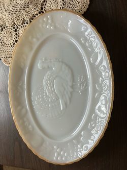Vintage Anchor Hocking Milk Glass Turkey Platter Gold Trim 15” Thanksgiving Dish
