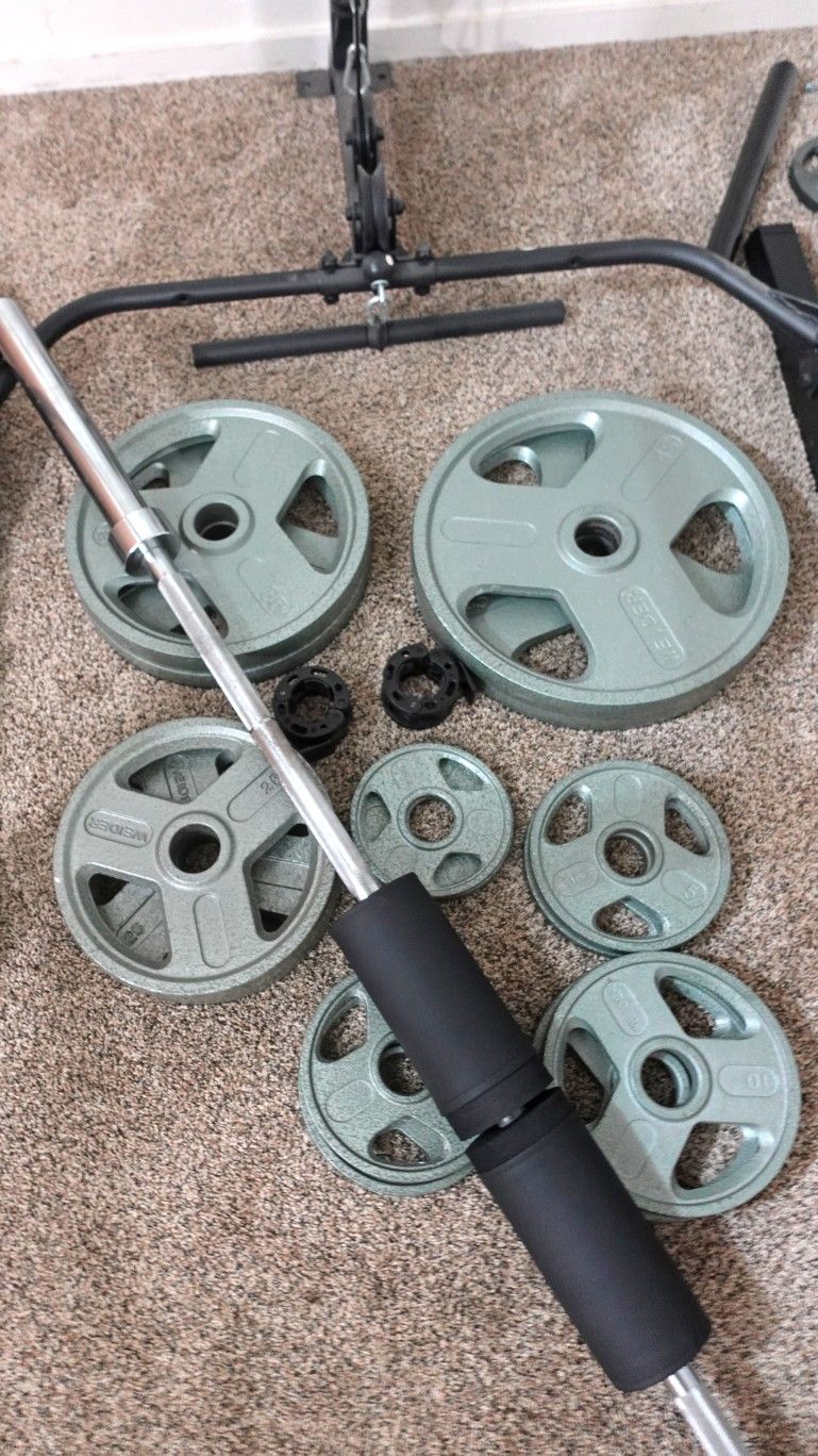 Set of Olympic Weight Plates (300lbs) and Barbell Bar with Padding