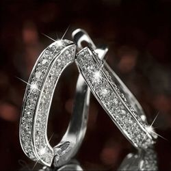 Elegant Silver Hoop Earrings Small Jewelry Shiny Luxury Faux Diamond Classy