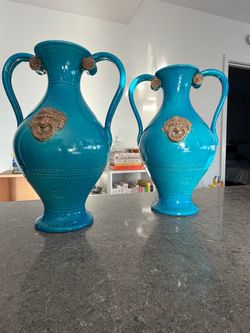 Pair of Turquoise Ceramic Amphora Vases