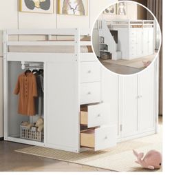 White Loft Bed with Drawers and Wardrobe