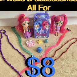 $8 Shimmer and Shine Dolls with Box and accesories,hair extensions play dress up