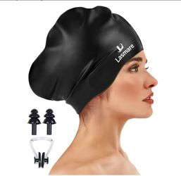 Large Long Hair Swim Cap with Extra Room for Women Men, Silicone Swimming Cap for Long Thick Hair with Ear Plugs Nose Clip Set, Adult Waterproof Swim 