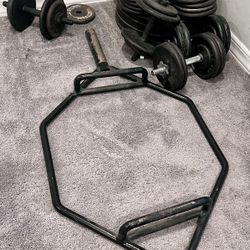 Hex Bar,  Four 45 Lb Plates, Adjustable Dumbbells 