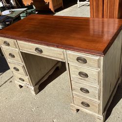 Desk All Wood 8 Dove Tailed Drawers Shabby Chic Sand Stone Color  Solid Sturdy  23 Deep—- 44  Long —- 29.5  Tall ..must See .