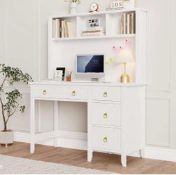 47" White and Gold Desk with Hutch and 4 Drawers White Desk with Drawers, Home Office Desk with Large Storage Space, Modern Girls Desk with Golden Han
