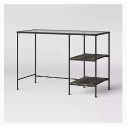Glass Top Desk with Wood Shelves Black