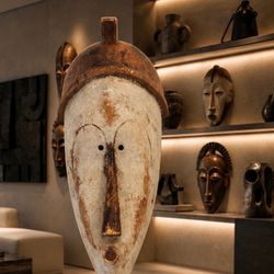 20” Original Vintage Fine Art AFRICAN MASK Wood Fang Ngil Tribal Africa Artist Ceremonial Tradition Sculpture Artisan Hand Carved 20th c HILLCREST