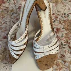Naturalizer White Banded Sandal W/ Cork Heels