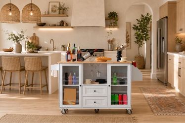 Rolling Kitchen Island Cart – White - Mobile Prep Station with Cabinet, Drawer, Rack & -Castor Wheels L-25