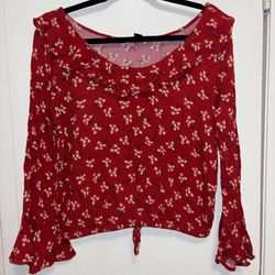 American Eagle Red Floral Ruffle Blouse 