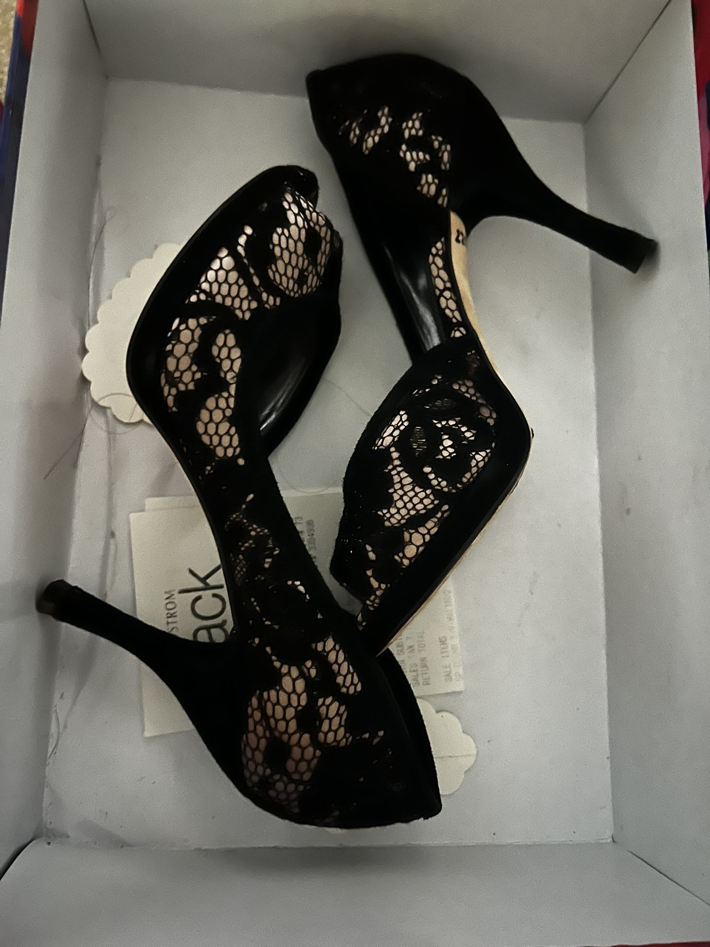 Via Spiga Black Lace 3” Velvet Heels 