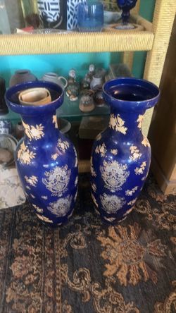 Pair of Vintage Cobalt Blue & Gold Decorative Vases