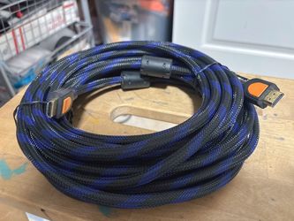 Brand new braided HDMI cable, 20 ft. - Blue and black nylon braided jacket, strong and tangle-free - Dual ferrite cores for clean, interference-free