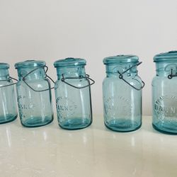 Vintage Lot of 5 Trade Mark Banner Wide Mouth Glass Jar Pat D July 14 1908 Latch Lid Aqua