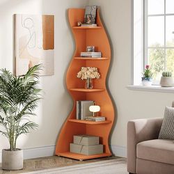 J0323 5-Tier Corner Shelf, Wavy Bookshelf Bookcase Display Rack for Home Office