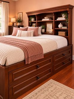 Raymour & Flanigan Solid Wood Twin Storage Bed w/ Drawers & Bookcase Headboard
