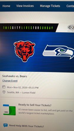 Seattle Seahawks Vs Chicago Bears (2 Tickets)