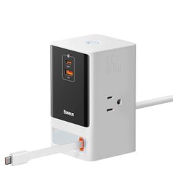 Baseus 6-in-1 65W Charging Station with Retractable USB-C Cable, Power Combo USB C Power Strip for Multiple Devices, Fast Charger for iPhone, MacBook,