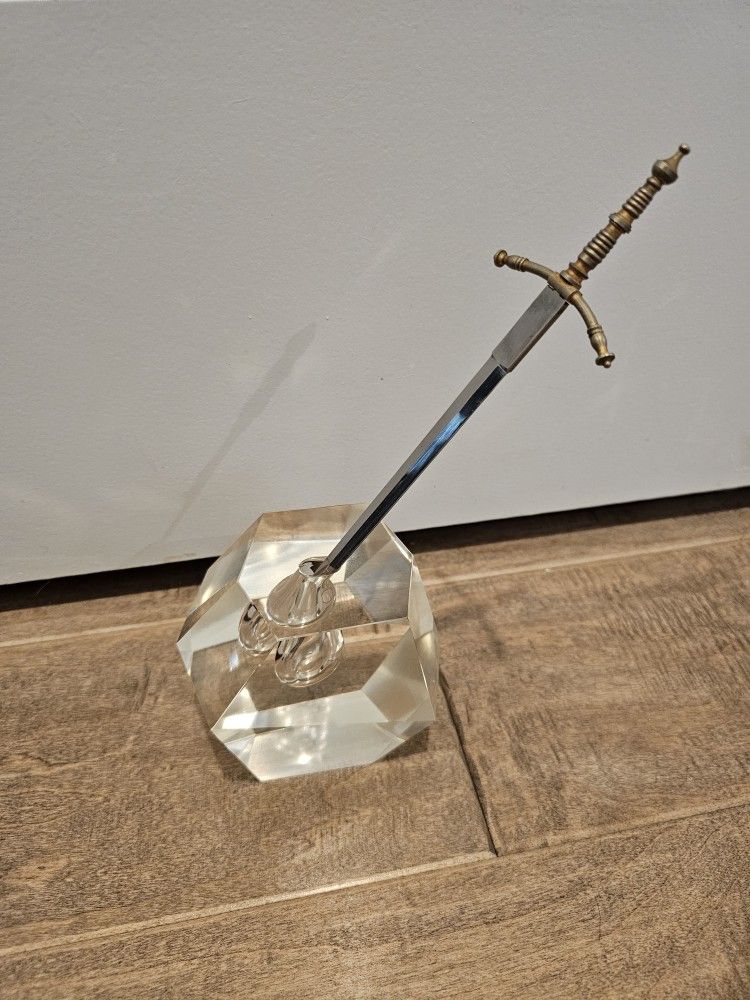 Excalibur, Metal Sword Letter Opener, In Rock Crystal Paperweight, Assembled 8" H
