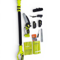 2-in-1 cordless electric chainsaw and pole saw kit. Extends up to 9.2 feet with multi-angle rotation and 3 adjustable head positions. Includes 2 batte