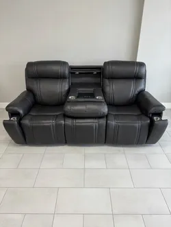 Sound Tech By Shaq Black Leather Power Reclining Loveseat with Audio