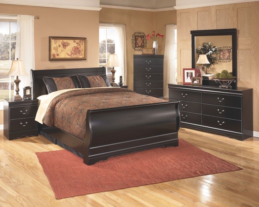 Black-7Pc Dresser Mirror Chest Queen Sleigh Bed