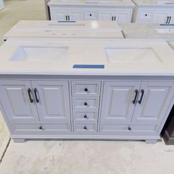 60 in. W x 22 in. D in Gray Single Bath Vanity with Marble Top in White $799 